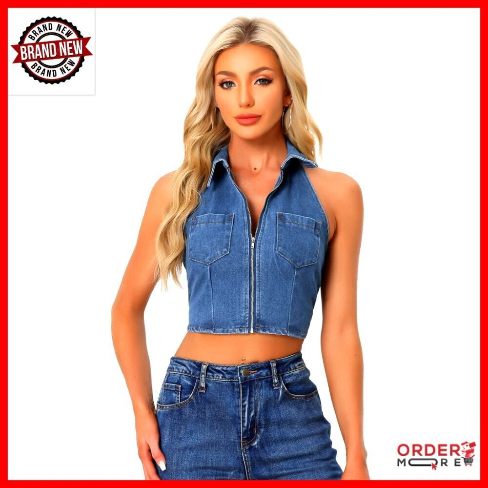 Denim Halter Top Corset Crop Tank Sleeveless Zipper Backless Y2K Chic